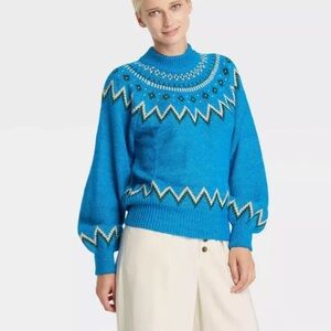 Who What Wear Knit Sweater Womens Medium Blue Fair Isle Crewneck Pullover
